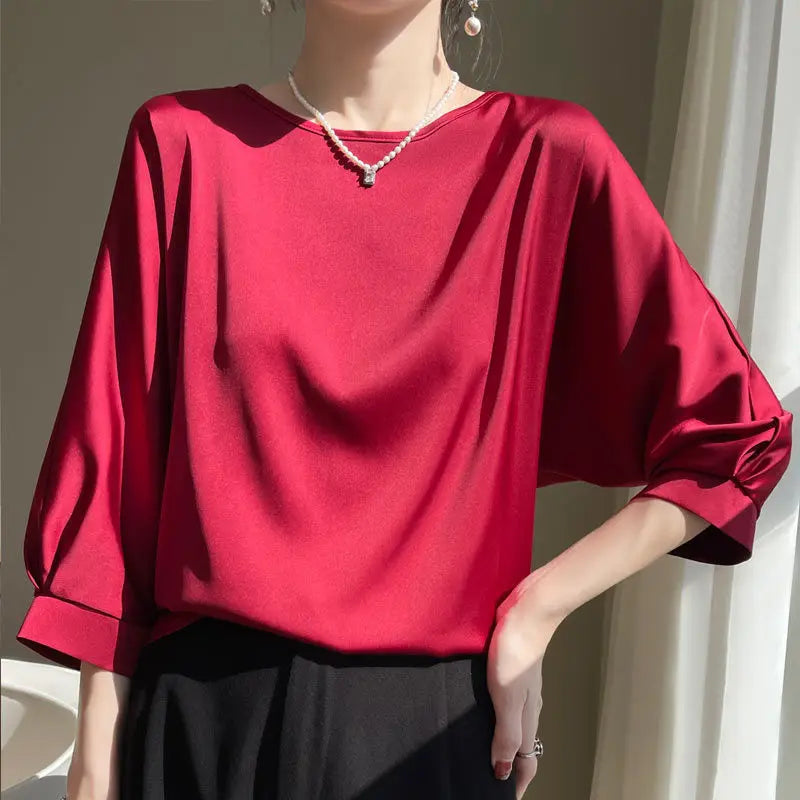 Nouveauté 2026 – T-shirt basique en satin de soie à manches courtes pour femme, col rond, coupe décontractée et légère, chemisier ample pour femme