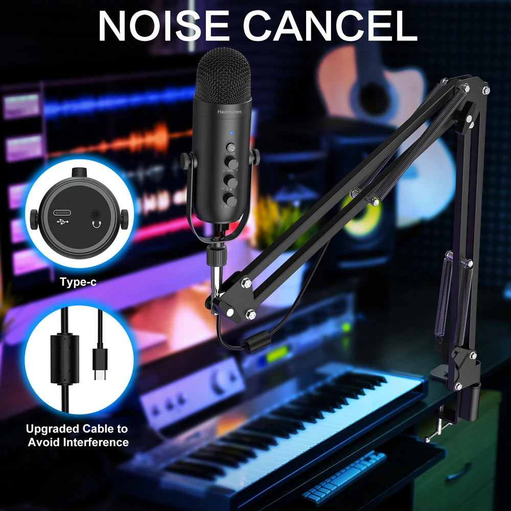 Haomuren – Kit microphone studio USB cardioïde avec bras HON pour enregistrement et podcast