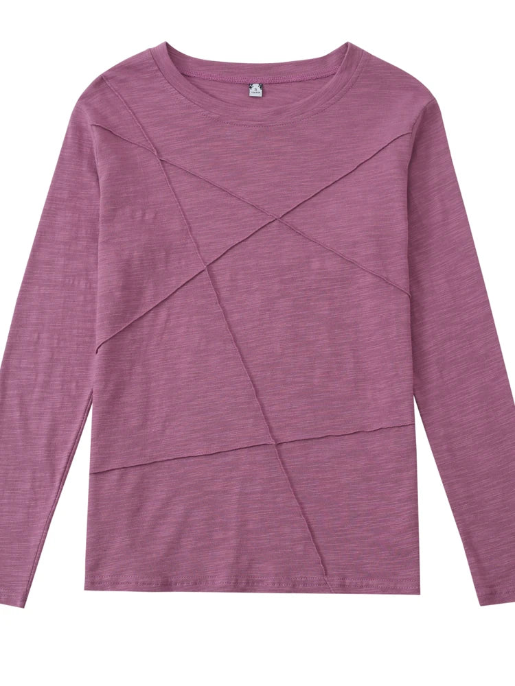 2026 printemps à manches longues femmes col rond bambou coton T-Shirt élégant ample côtelé mode T-Shirt dames Simple hauts