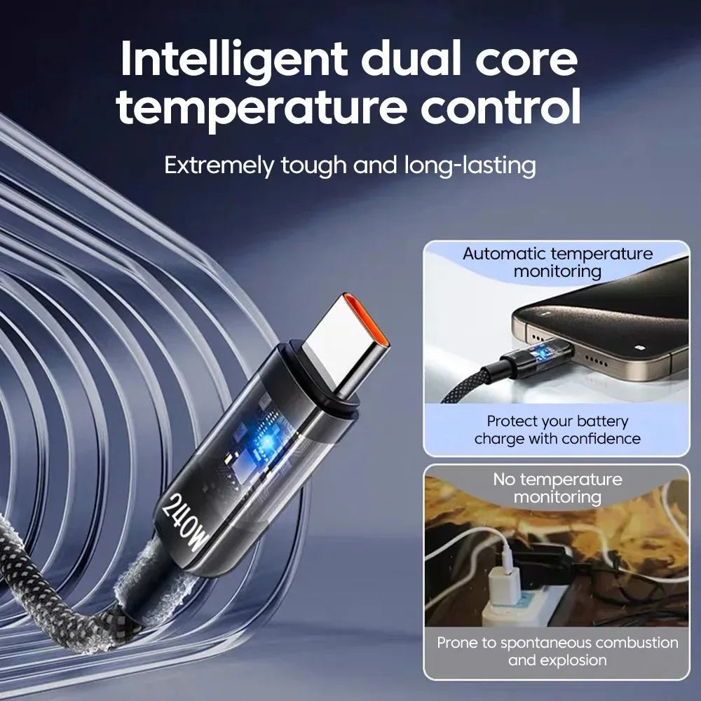 0,25/1/1,5/2M 240W Cable de datos de carga súper rápida USB C PD de nailon con pantalla digital LED, cables de datos de carga rápida USB a Tipo C