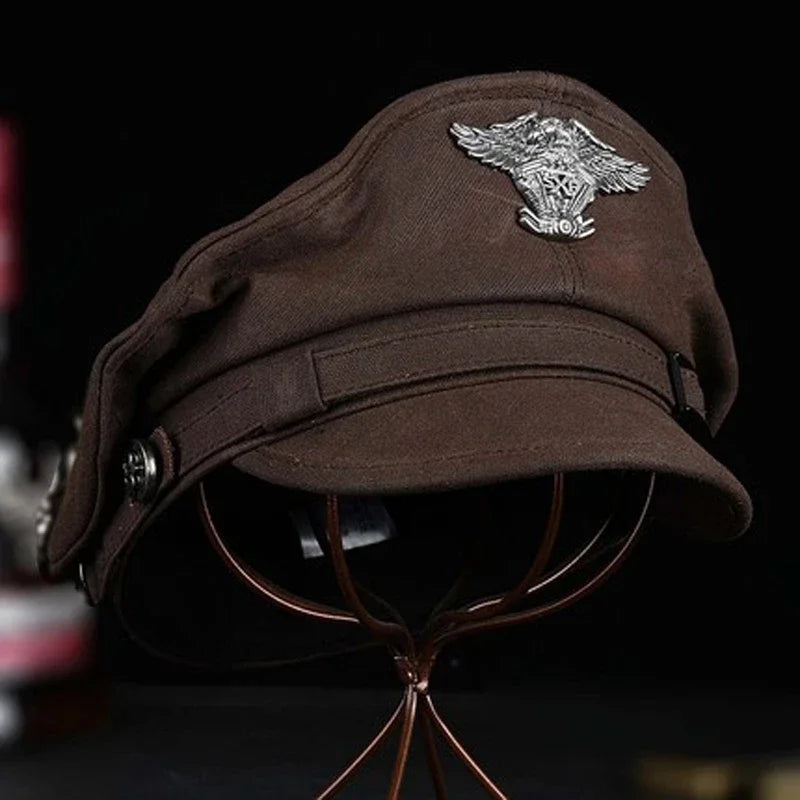 Retro Sailor Cap with Navy Visor for Men and Women, Canvas Spring Military Hat, Gray Eagle Belt, Locomotive Cap, 2024