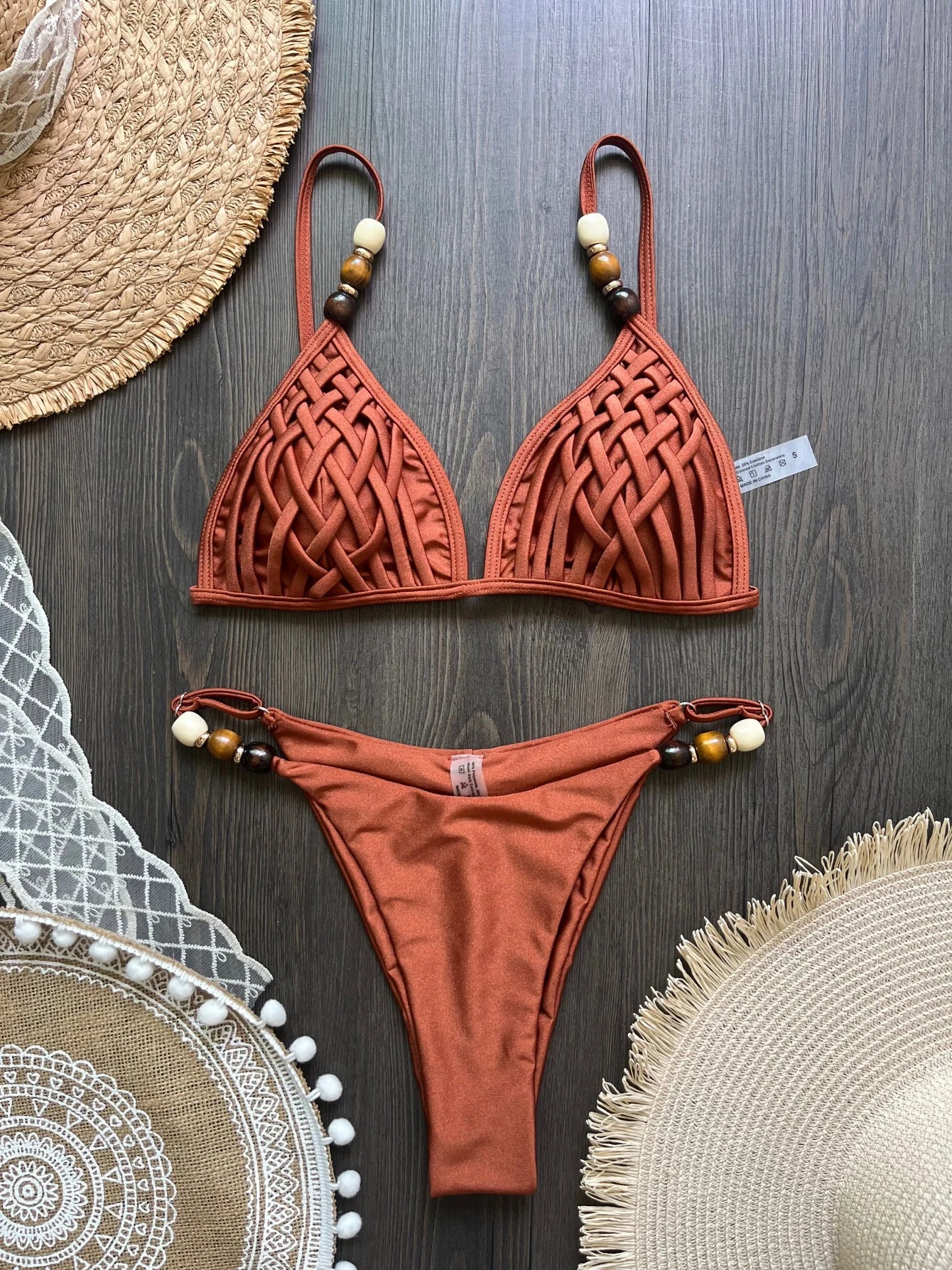Sexy marron Bikini ensemble 2026 femmes perles sangle trou sur Push Up soutien-gorge string maillot de bain brésilien plage maillot de bain Micro maillots de bain