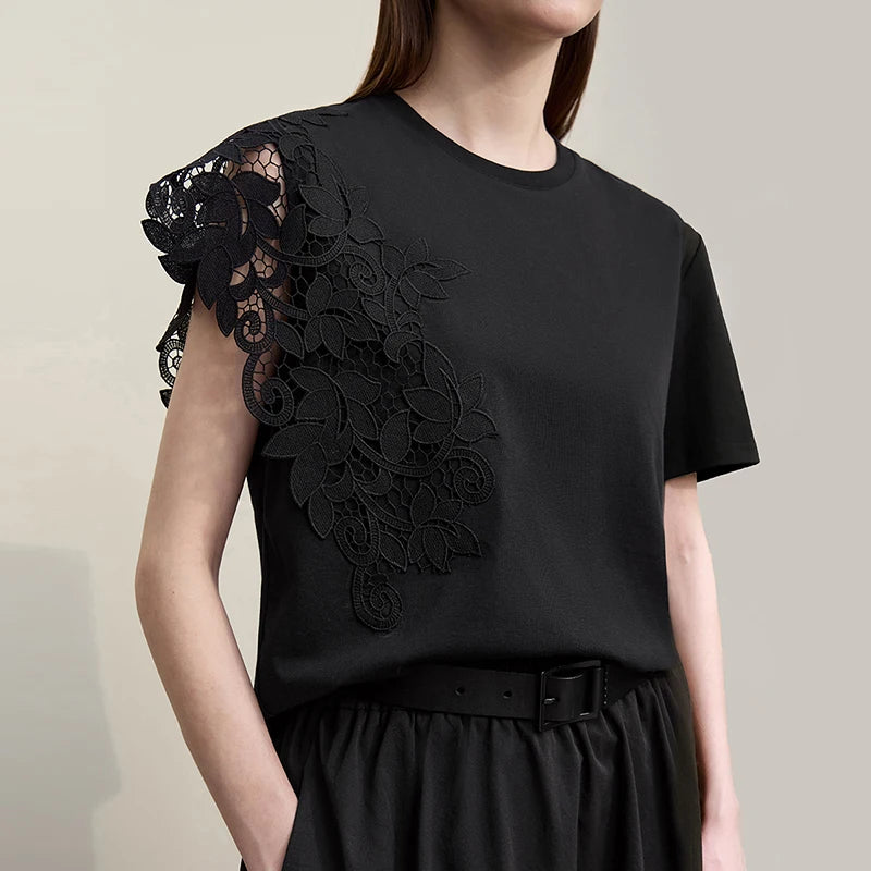 T-shirt femme 2026 été — col rond, coton, anti-transpiration, dentelle asymétrique, ample, manches courtes
