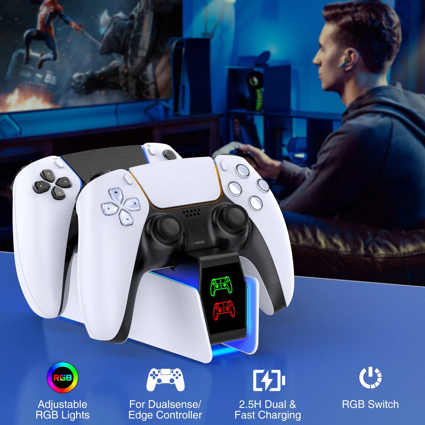Station de charge pour contrôleur RGB — double chargeur rapide, indicateur RGB, support, station d'accueil manette de jeu