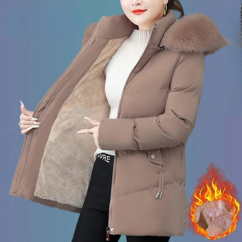 Chaqueta de invierno con capucha de algodón Smile para mujer, abrigo, parka cálida de piel, cortavientos, súper cálido, ropa de mujer