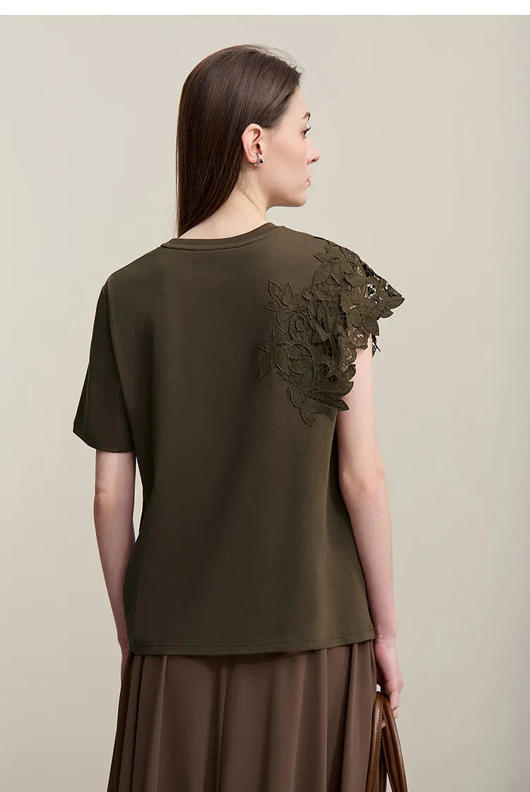 T-shirt femme 2026 été — col rond, coton, anti-transpiration, dentelle asymétrique, ample, manches courtes
