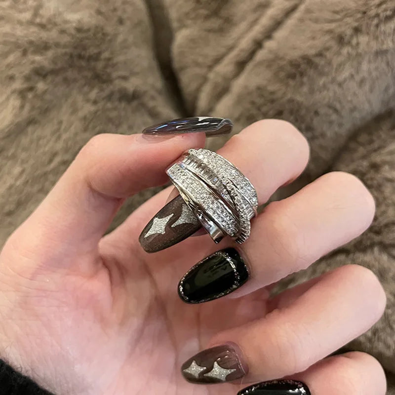 Women's Lightweight Luxury Cubic Zirconia Inlaid Ring, Classic Cross Design Open Ring, Bridal Jewelry for Engagement and Wedding