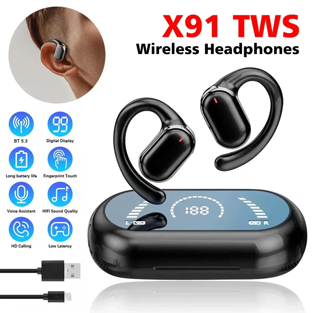 X91 OWS Auriculares de gancho Bluetooth 5.3 Baja latencia Juego Deportes Auriculares HiFi Estéreo Reducción de ruido Auriculares