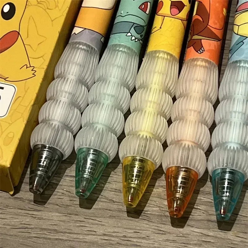 Plumas de Gel de presión de Pokemon Pikachu Squirtle Charmander, 5 piezas, juego de bolígrafos de Gel de dibujos animados, útiles escolares y de oficina, regalos para niños