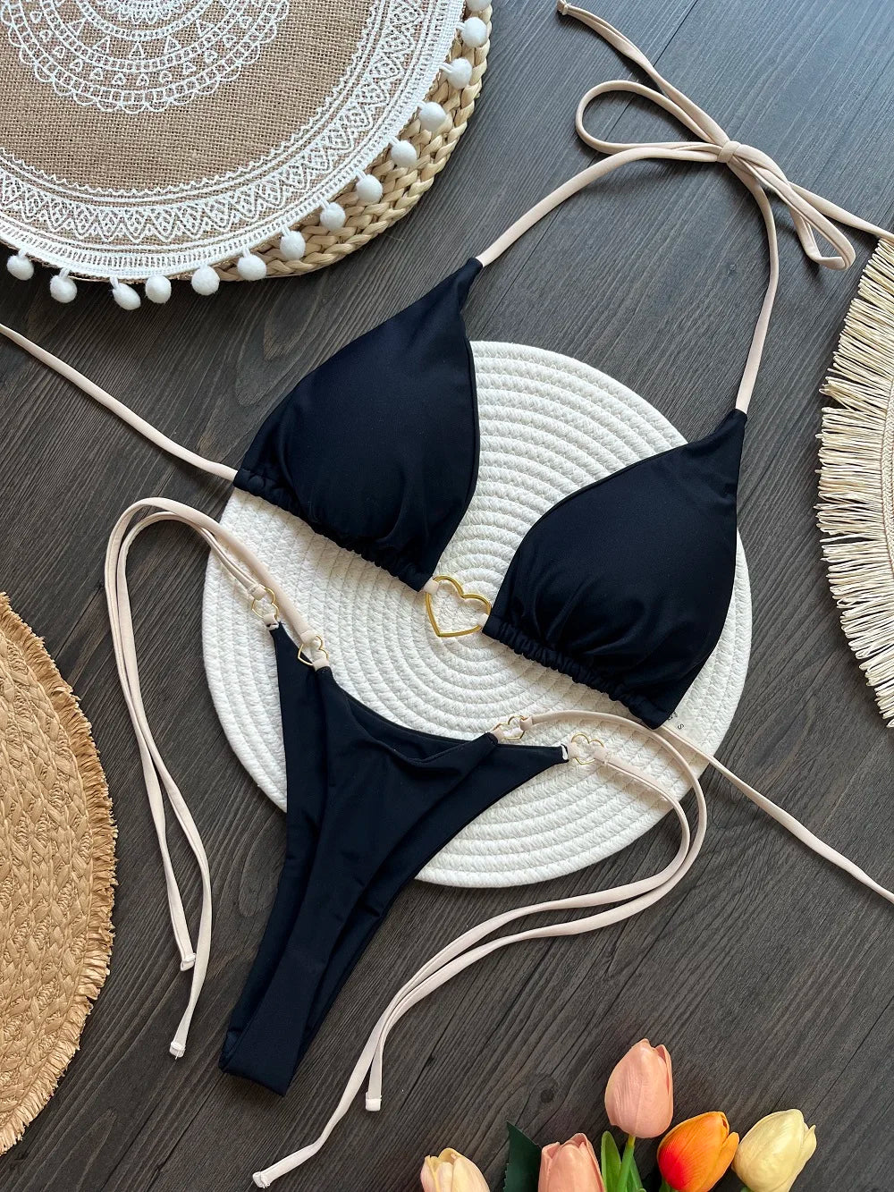 RUOTONSEPT-Maillot de bain deux pièces sexy pour femme, bikini brésilien, couleur unie, col licou, triangle, culotte tanga