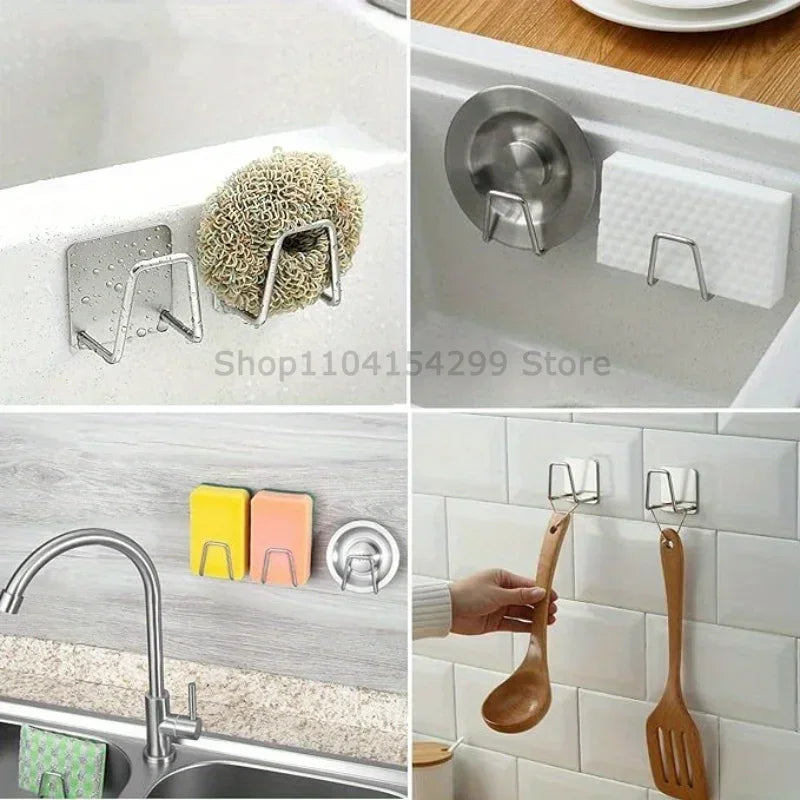 Stainless Steel Kitchen Sponge Holder, Sink Sponge Drying Rack, Self-Adhesive Storage Holder, Wall Hooks, Kitchen Organizer