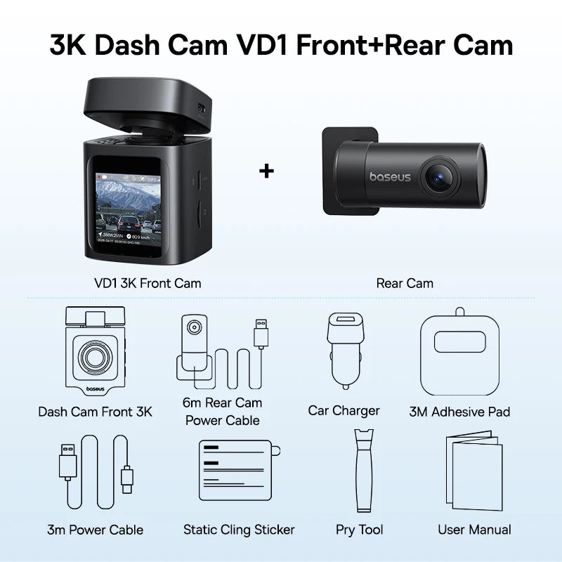 Baseus 3K Dash Cam VD1 Front and Rear Camera HD Built-in GPS Galileo Supercapacitor Car DVR Car Camera Recorder Supports 24H Parking
