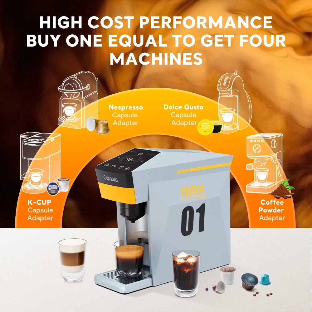 Máquina de café espresso 4 en 1 compatible con monodosis K-Cup, cápsulas Nespresso originales, cápsulas DG y café molido
