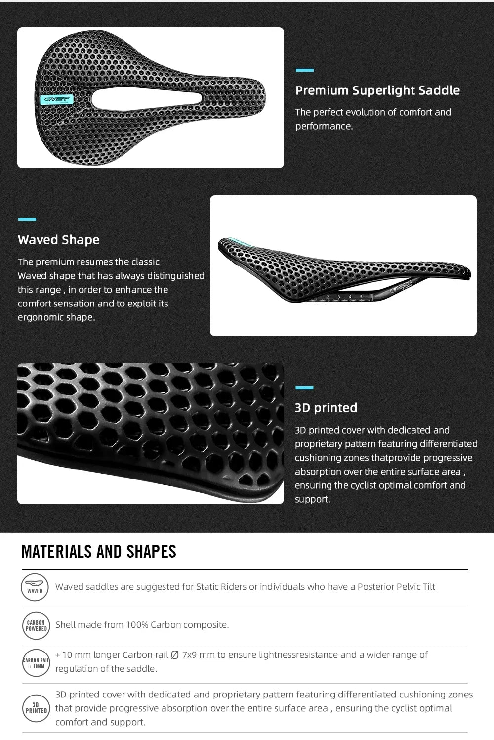 Selle vélo carbone 3D imprimée 140mm — rail rond, super légère, route, VTT, course