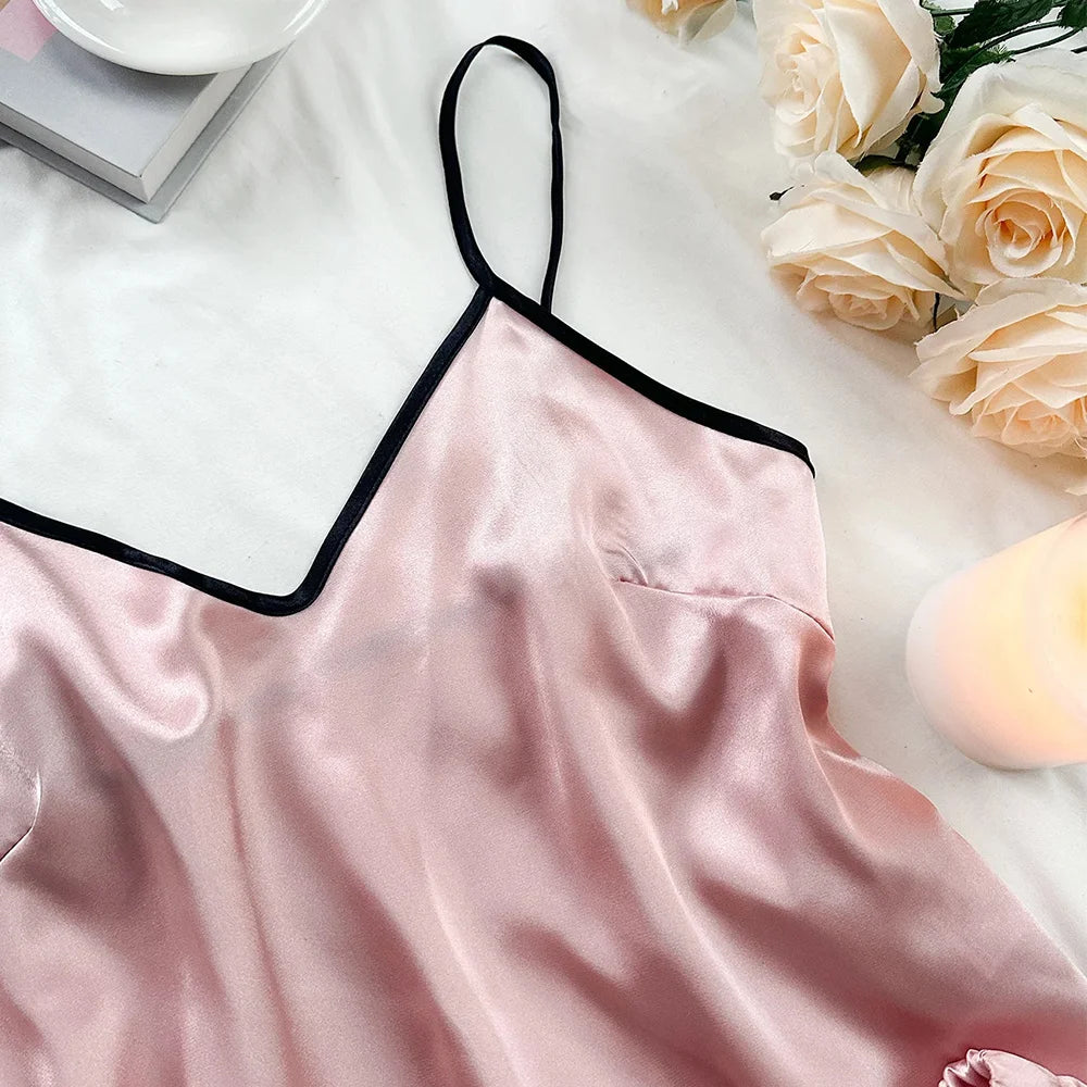 Women's Smooth Satin Pajamas, V-Neck T-Shirt, Ruffled Edges and Bow Shorts, Simple and Breathable Pajama Set, Strappy Homewear