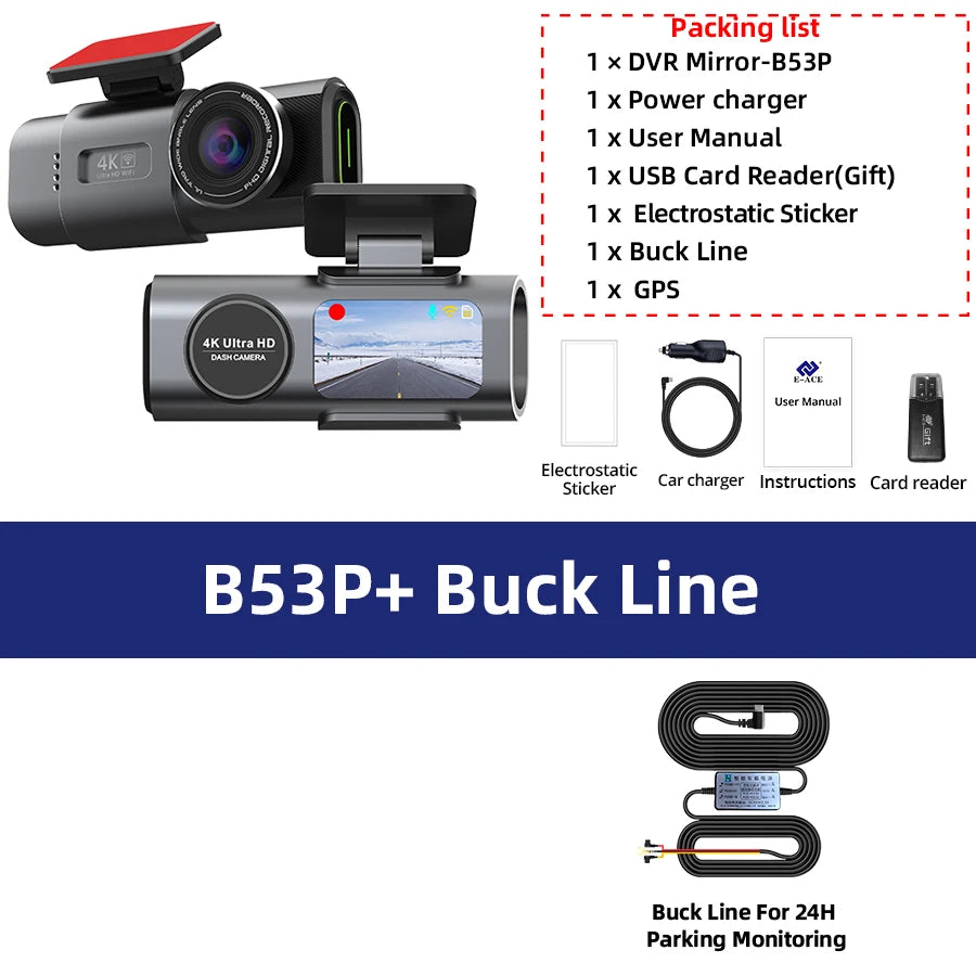 Cámara de salpicadero 4K GPS WIFI APP 24H Visión nocturna Mini lente trasera opcional Dashcam coche DVR grabador de video cámara para coche caja negra