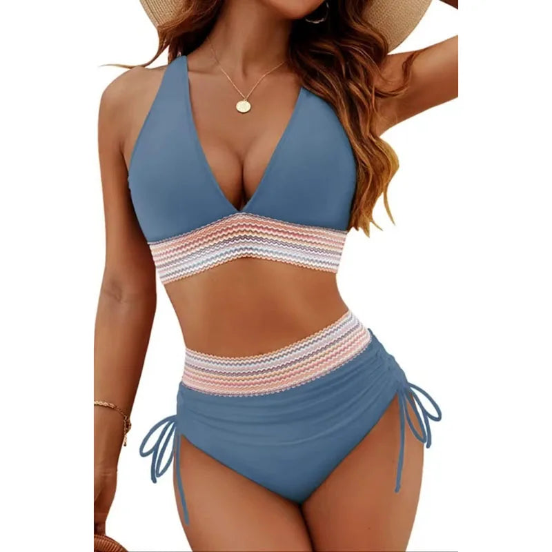 Ensemble de maillot de bain bikini sexy à col en V profond pour femme, collection été 2026, avec coussinets de poitrine, taille haute et cordon de serrage, style triangle