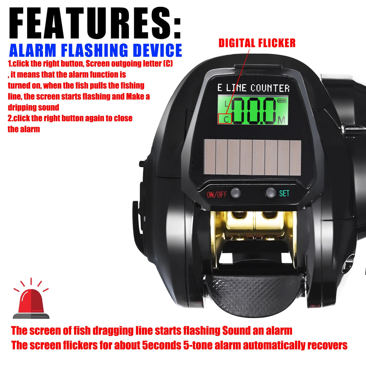 Nouveau moulinet de pêche Baitcasting électronique écran Led USB et charge solaire 7.2: 1 mer eau salée étanche coulée tambour roue coulée