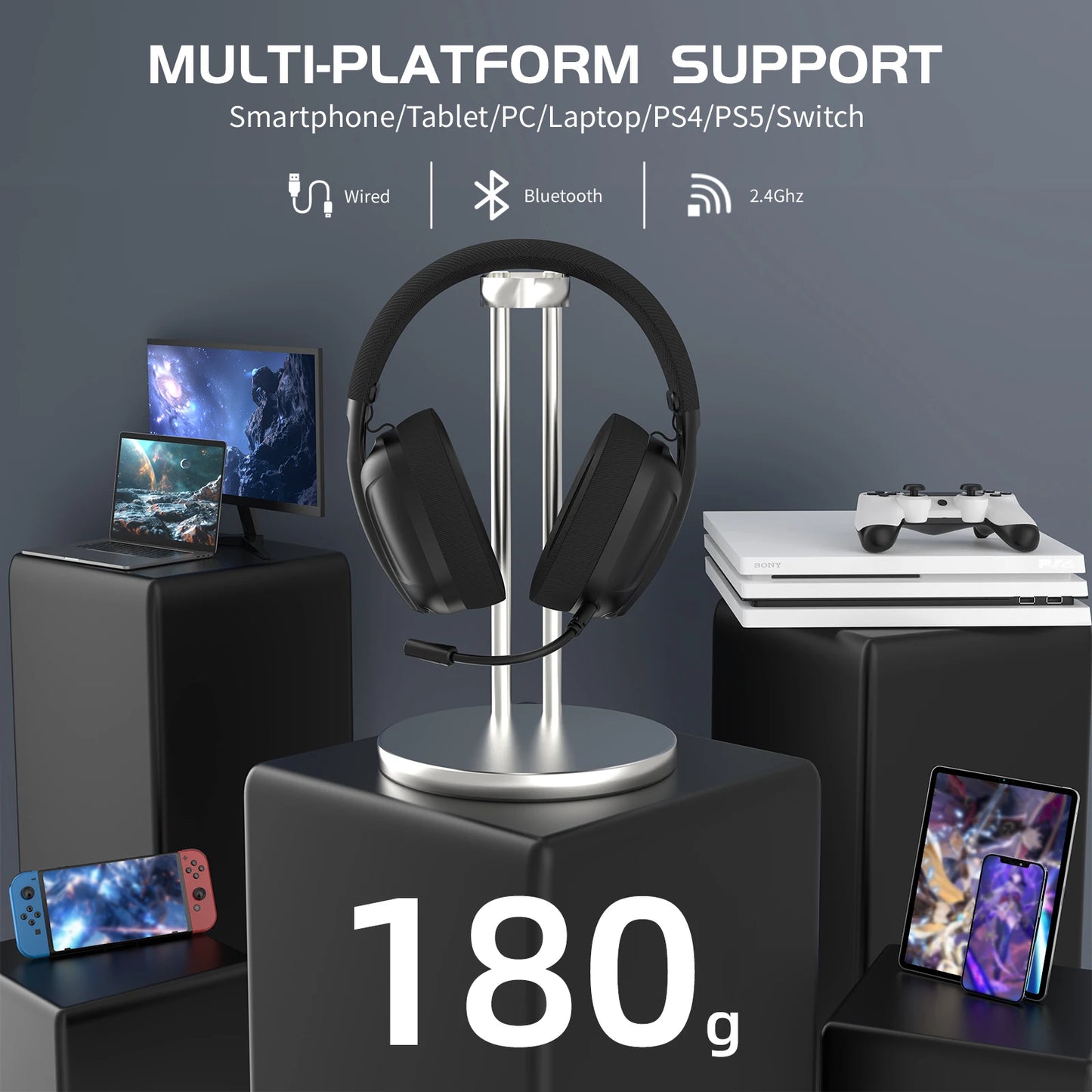 ATTACK SHARK L80 – Casque gaming ultra-léger 180g, Bluetooth/2.4G/filaire, son stéréo 5.1 canaux
