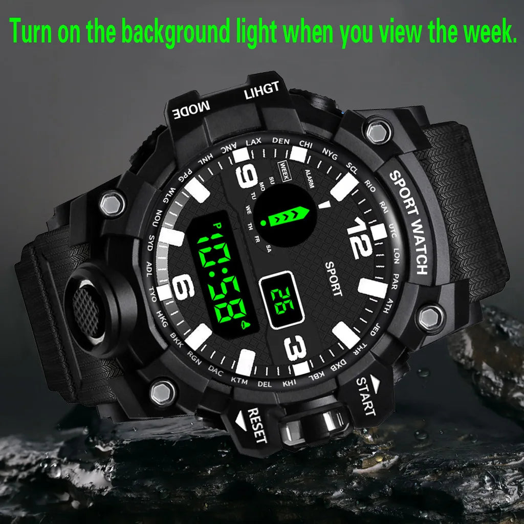 Reloj de pulsera deportivo electrónico de moda para hombre, esfera grande multifuncional impermeable, alarma luminosa, reloj militar para niños y hombres