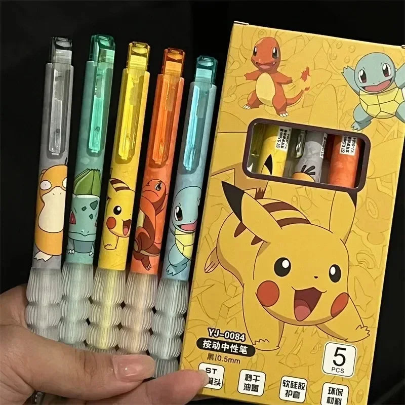 Plumas de Gel de presión de Pokemon Pikachu Squirtle Charmander, 5 piezas, juego de bolígrafos de Gel de dibujos animados, útiles escolares y de oficina, regalos para niños