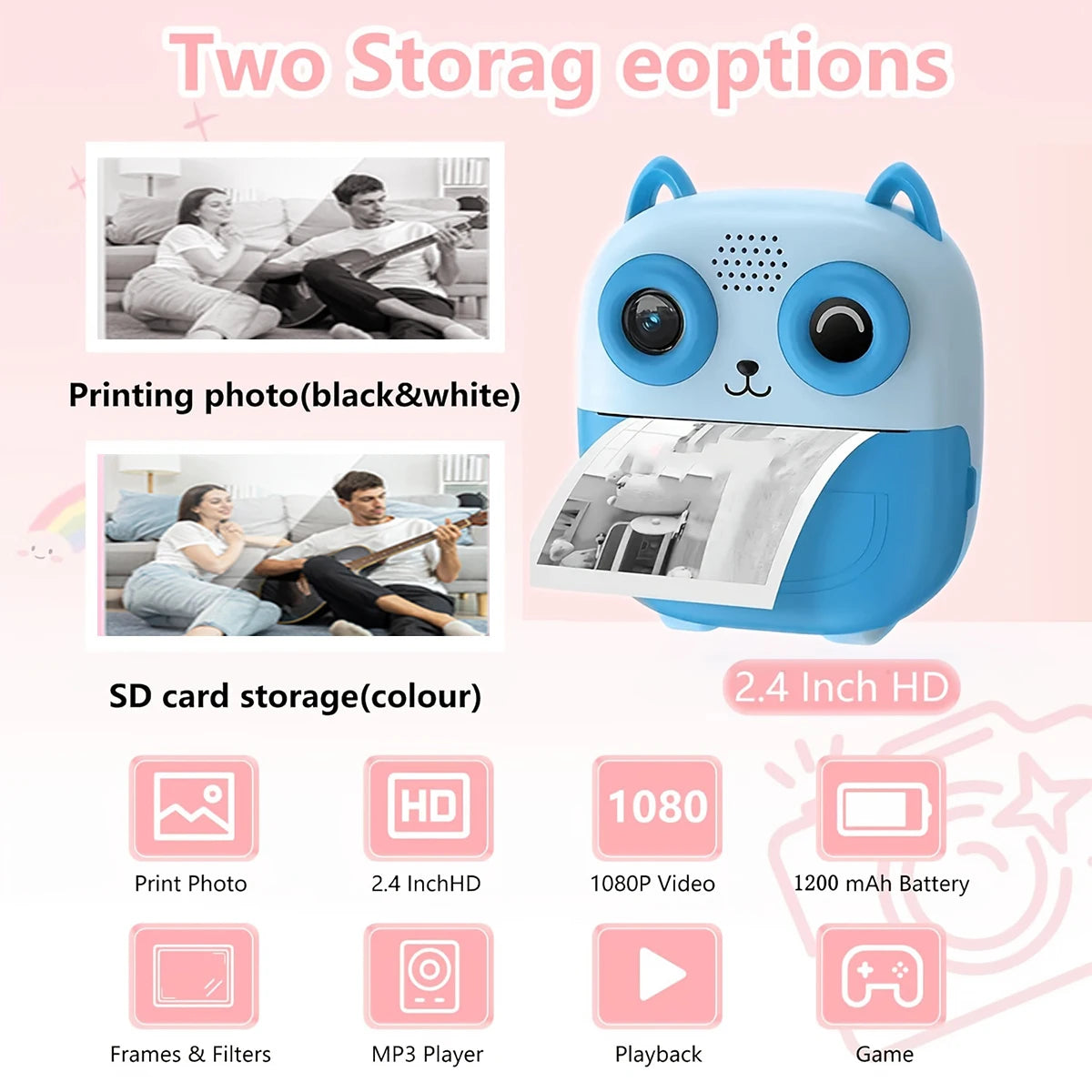 Cámara de impresión instantánea con forma bonita, cámara de doble objetivo HD de 1080P, impresión instantánea, viene con rollos de papel de impresión térmica