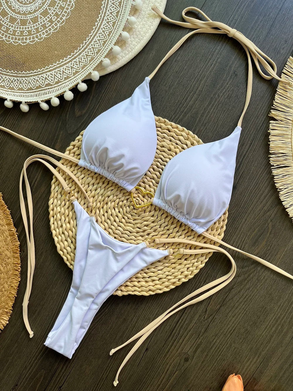 RUOTONSEPT-Maillot de bain deux pièces sexy pour femme, bikini brésilien, couleur unie, col licou, triangle, culotte tanga