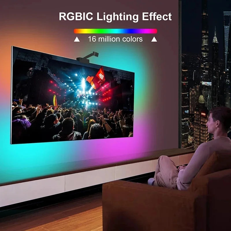 Bande lumineuse LED RGBIC Ambilight pour TV 3,8M 5M 5V USB avec capteur de gamme de couleurs AR, rétroéclairage adaptatif pour TV, synchronisation RGB, contrôle par application