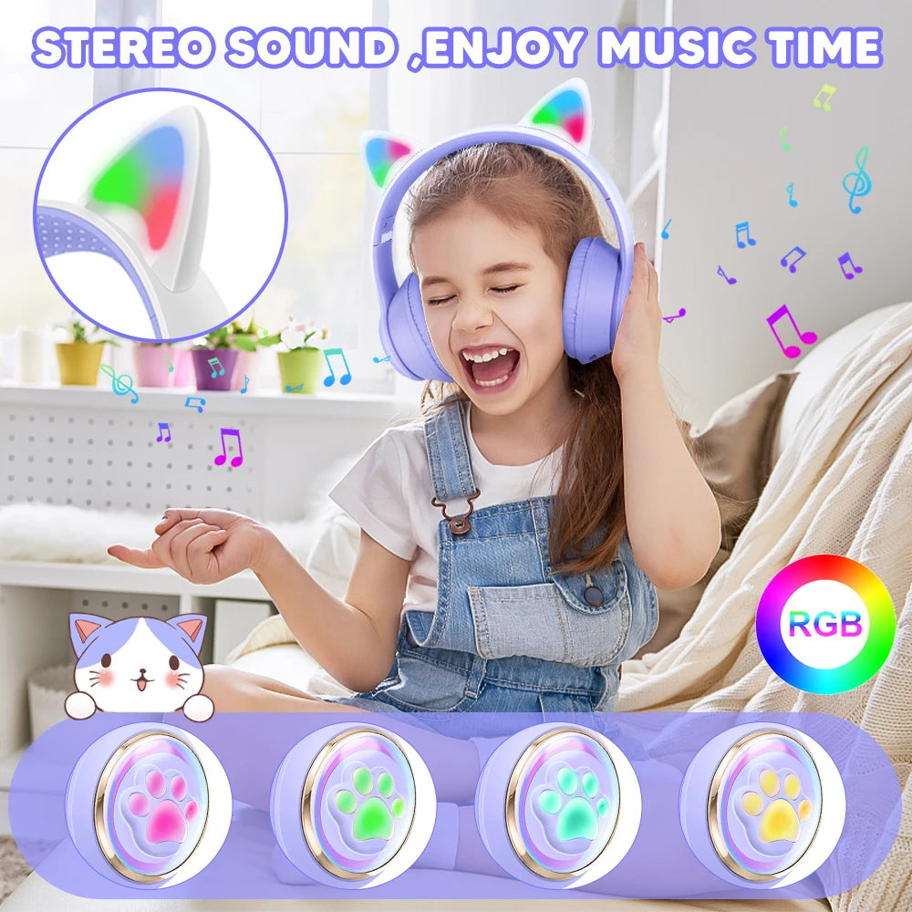 Auriculares inalámbricos RGB con orejas de gato para PC, lindos, cápsula espacial 3D, auriculares Bluetooth, auriculares plegables para juegos, regalos para niñas