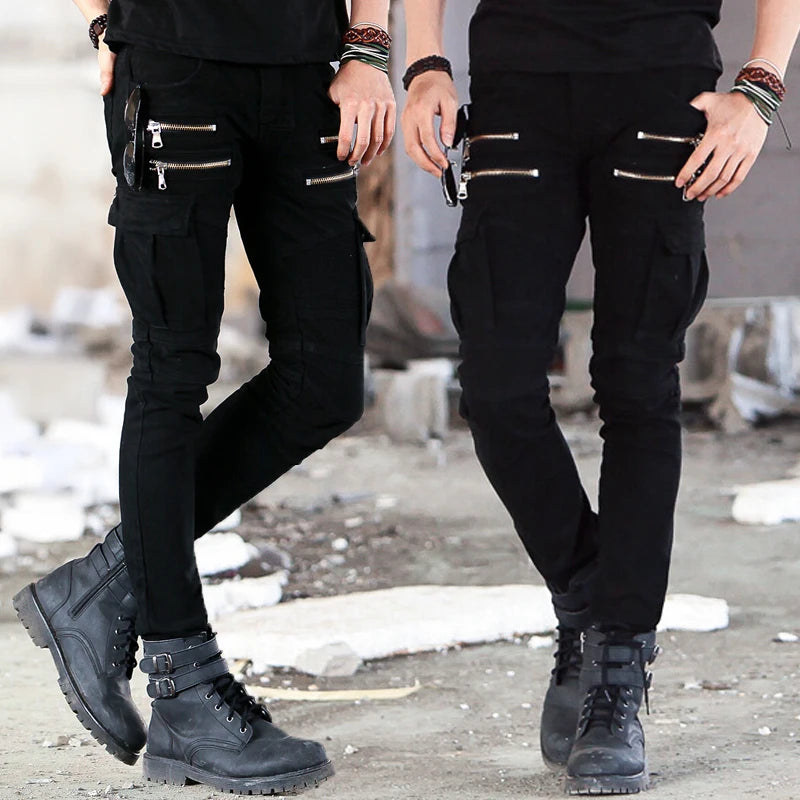 Jean Motard Denim Vert Homme — Slim Élastique Hip Hop Militaire Cargo