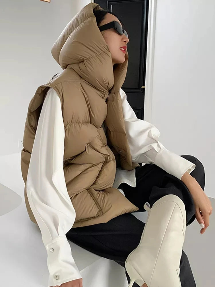 Doudoune Capuche 90% Duvet Canard Blanc Femme — Gilet Décontracté, Hiver 2024