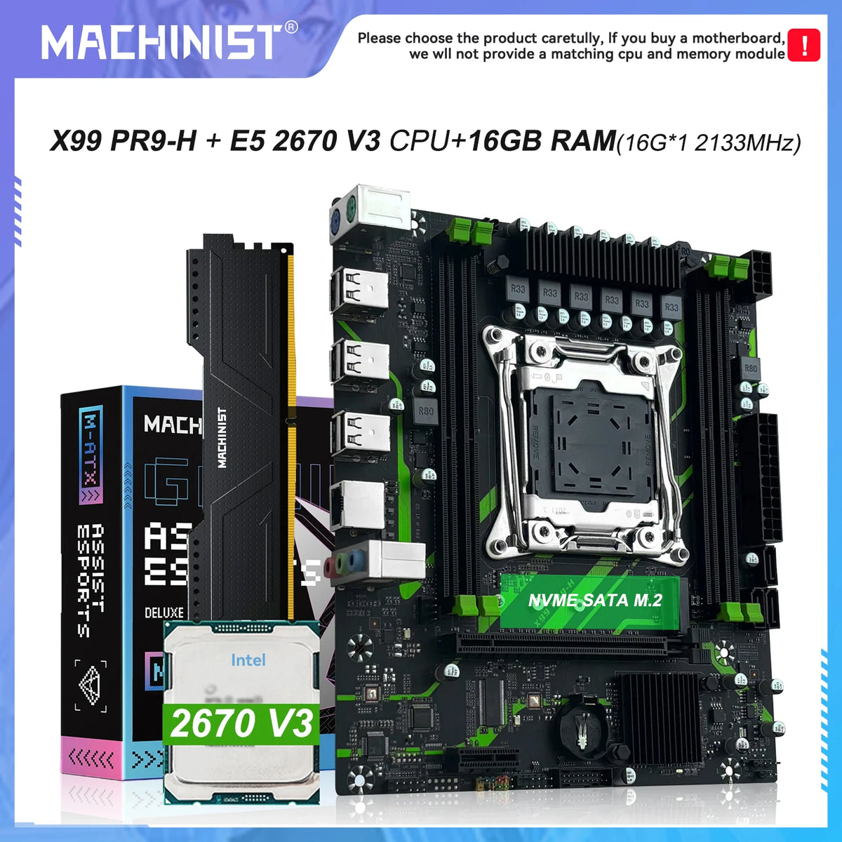 Carte mère PR9-H MACHINIST X99 LGA 2011-3, ensemble combo en option, processeur Xeon E5 2670 V3, 16 Go de RAM DDR4 ECC, mémoire NAME M.2