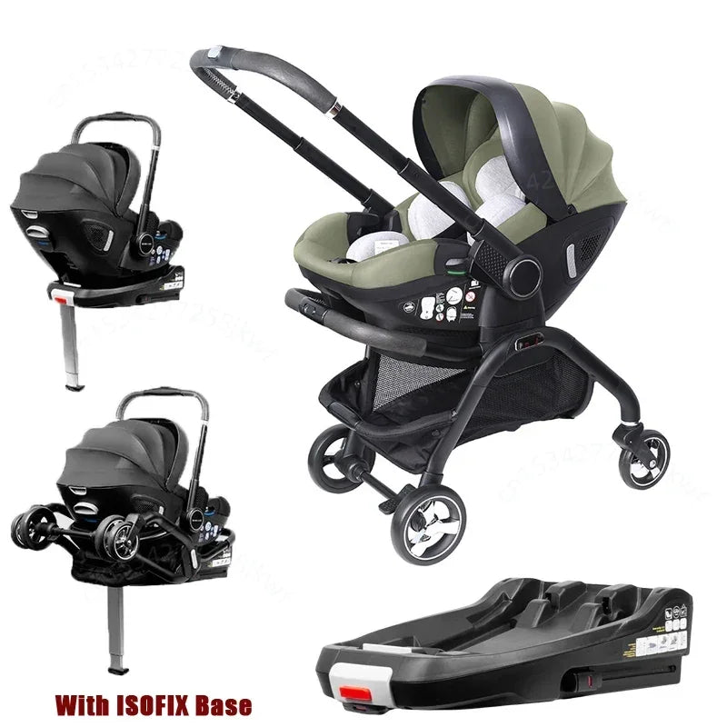 Cochecito de bebé 4 en 1, silla de coche para niños con base ISOFIX, cochecito de lujo portátil y ligero para recién nacidos