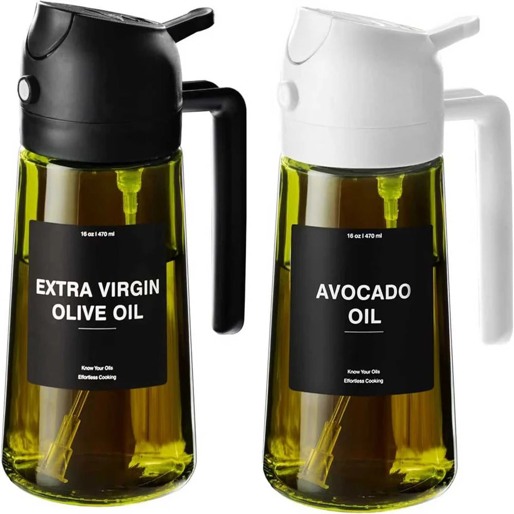 Pulvérisateur d'huile pour la cuisine de 470 ml, distributeur d'huile d'olive 2 en 1 et flacon pulvérisateur d'huile, vaporisateur d'huile avec autocollants, flacon pulvérisateur en verre épais