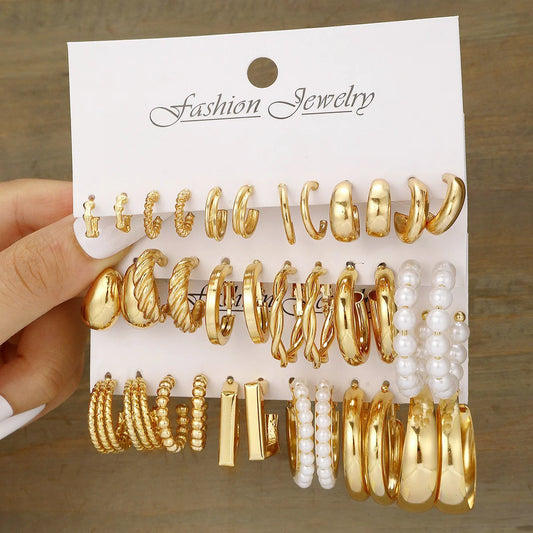 Set of Geometric Hoop Earrings for Women, Vintage Bohemian Pearl, Gold-Plated Round Document Earring, Punk, Gift Jewelry, Fashion, 03/Wear, 2025