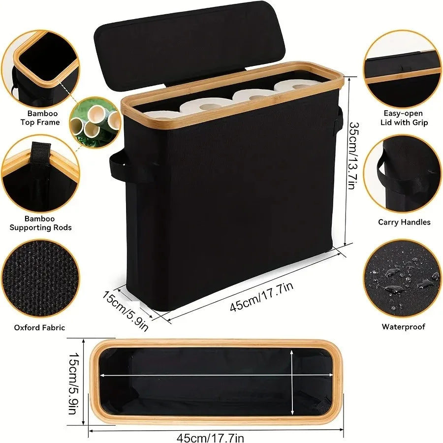 Bamboo Toilet Paper Holder with Lid - Freestanding Bathroom Organizer with Handle, Enclosed Tissue Storage Box