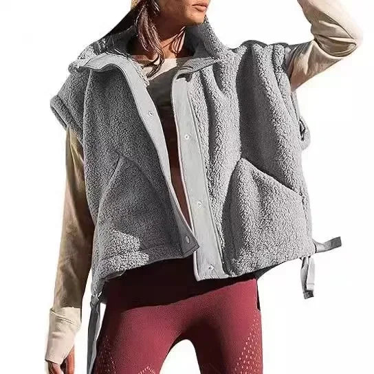 Chaleco polar de felpa para mujer, de talla grande, sin mangas, Sherpa, cálido, con botones, prendas de abrigo con bolsillos