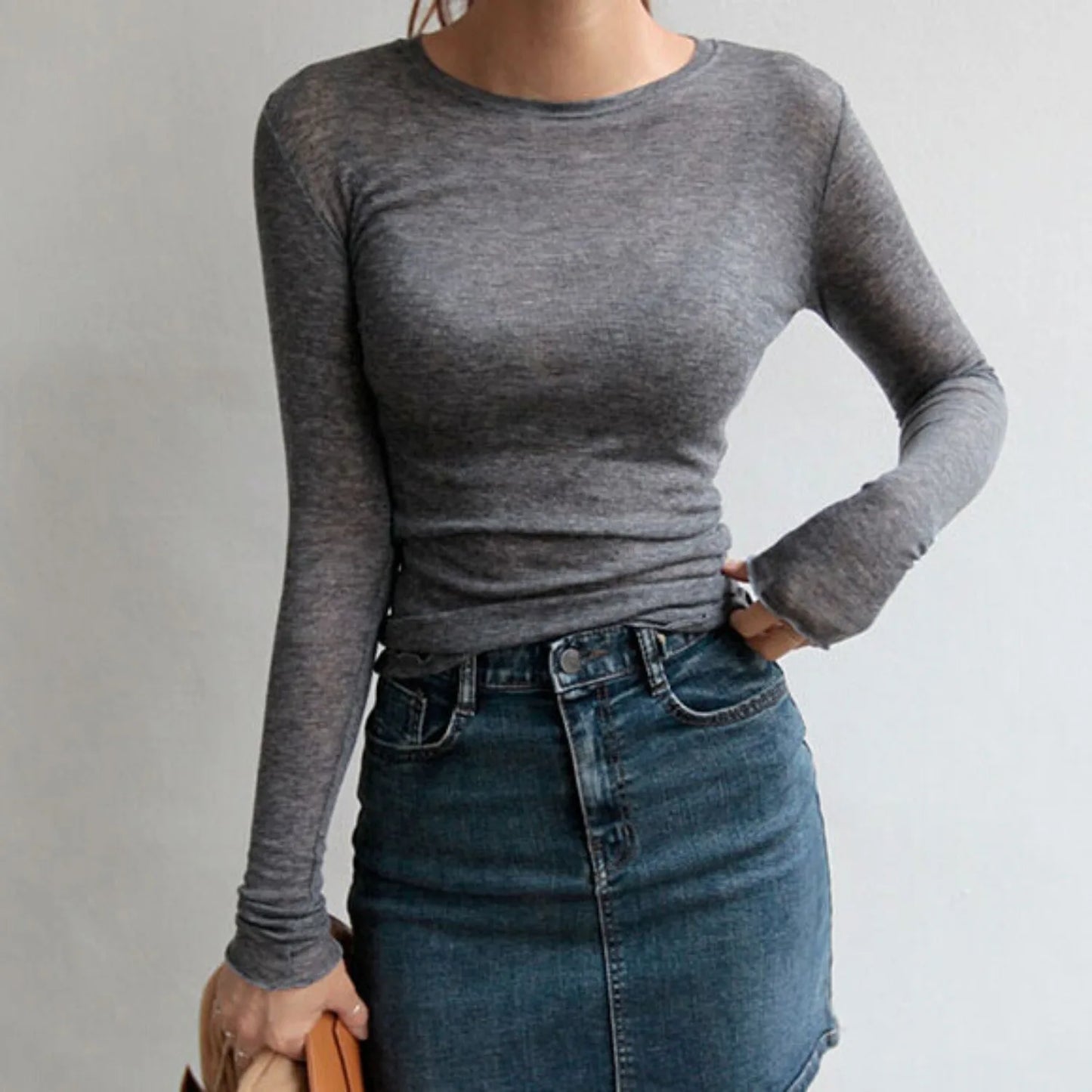 T-Shirt Transparent Sexy Manches Longues Femme — Élastique Coupe Ajustée Soirée
