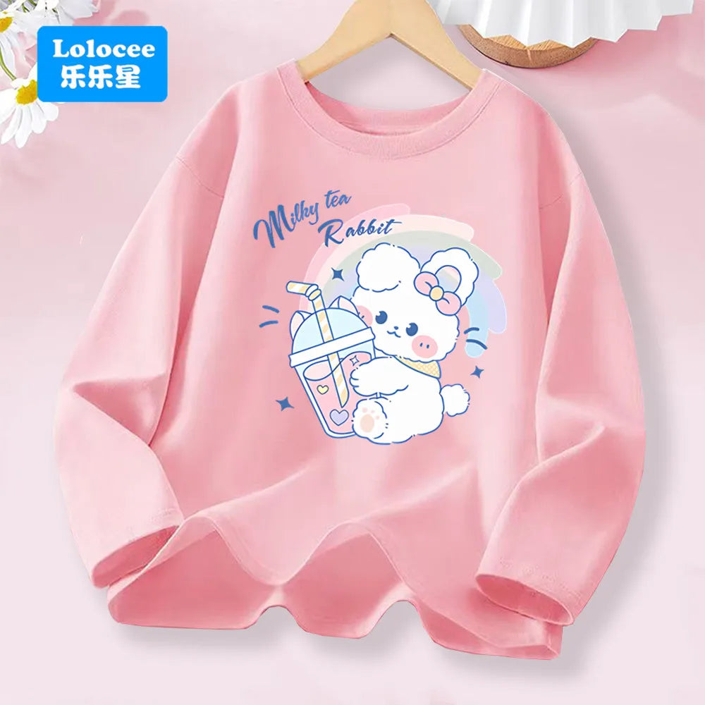 T-shirt rose à manches longues pour filles de 3 à 14 ans, haut en coton pour enfants, mignon "FRESH", imprimé boisson et Animal, nouvelle collection printemps 2026