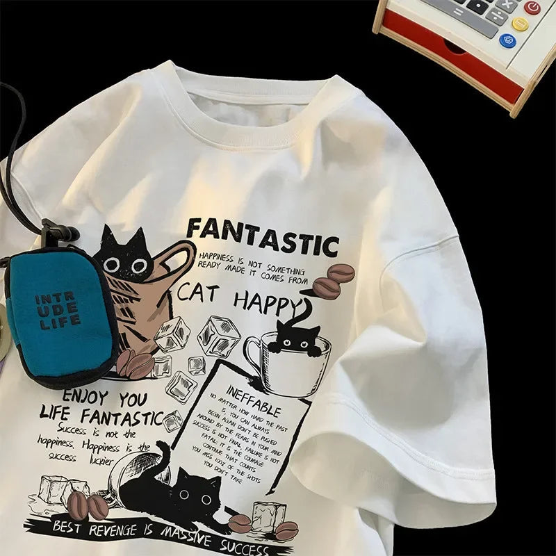 Camiseta de manga corta para hombre y mujer, sudadera holgada, estilo coreano, dibujos animados, grupo de gatos, estampado, informal, para parejas, nueva
