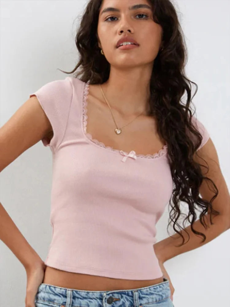 Camiseta vintage Y2k para bebé, camiseta de punto con ribete de encaje, cuello cuadrado, manga corta, para verano, color blanco, estilo milkmaid