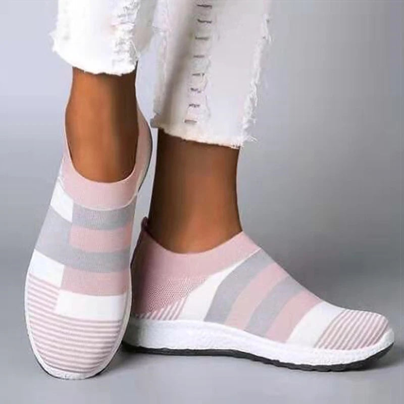 Zapatillas Planas Tejidas con Mezcla de Colores para Mujer, Zapatos Casuales Vulcanizados de la Nueva Colección