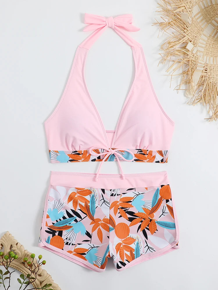 Ensemble de bikini halter 2026, maillot de bain court pour femme, maillot de bain taille haute imprimé, tenue de plage