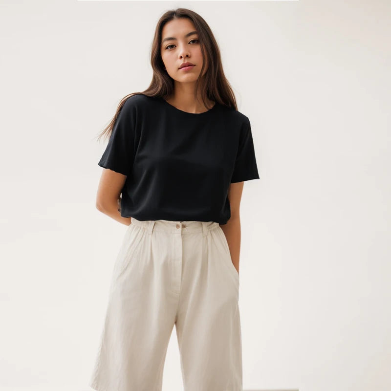 Coton à manches courtes hauts 220 grammes T-shirt lourd Y2k décontracté confortable T-shirt noir et blanc col rond femme vêtements YH2532