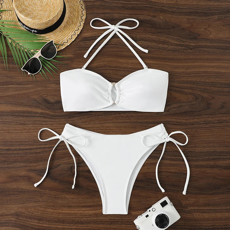 Maillot de bain bikini taille haute pour femme 2026, maillots de bain noués, maillots de bain femme, bandeau push-up, ensembles de bikinis, vêtements de plage brésiliens