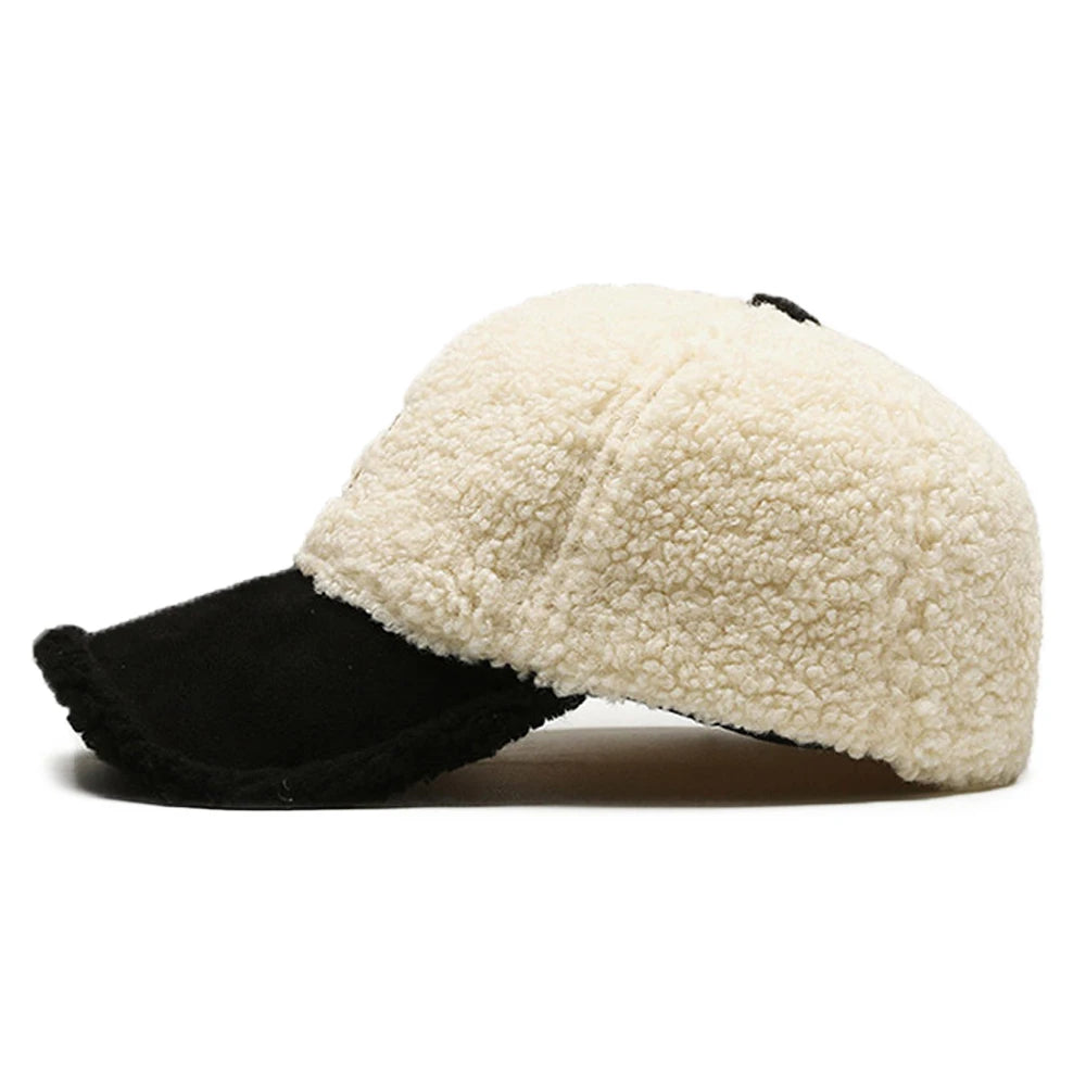 Trendy White and Brown Winter Baseball Caps for Men, Lambswool Luxury Hats for Women, Outdoor Windproof Golf Hat, Men's Cap
