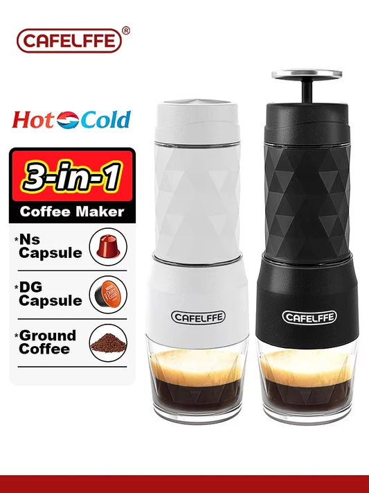 Machine à café portable 3 en 1 — eau chaude/froide, expresso manuel, capsules et café moulu, randonnée