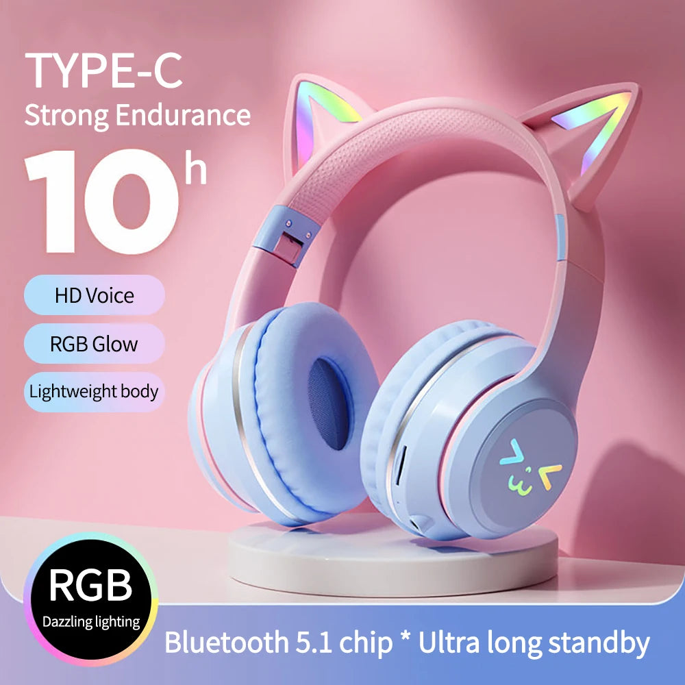 Écouteurs sans fil dégradés RGB, oreilles de chat mignonnes, Bluetooth, avec microphone, stéréo, jeu de musique, cadeaux pour filles et enfants