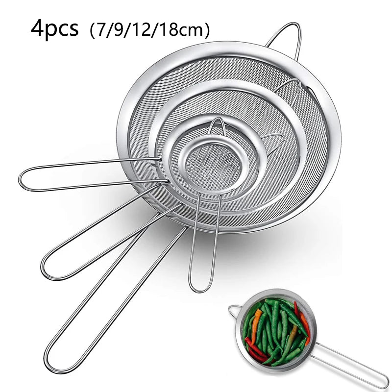 Juego de coladores de aceite de alambre de acero inoxidable, tamices de malla fina, colador de harina, espectaculares herramientas para hornear, accesorios de cocina, 1 pieza, 3 piezas, 4 piezas