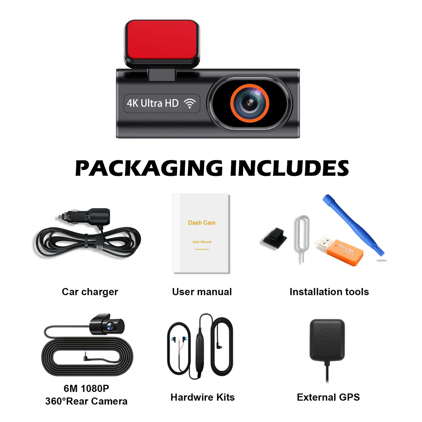 Ultra HD 4K Car Front Dash Cam, Mini WIFI DVR Black Box, with 24H Parking Monitor, Night Vision, Optional GPS/Rear View Camera